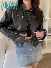 Lunivop 2024 Streetwear Solid Women Pu Jackets Y2K Aesthetic Simple Multi-Zipper Cropped Coats