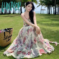 Lunivop 2024 Summer Chiffon Beach Maxi Dress Women Fashion Print Floral Backless Bandage Slip