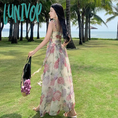 Lunivop 2024 Summer Chiffon Beach Maxi Dress Women Fashion Print Floral Backless Bandage Slip