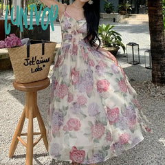 Lunivop 2024 Summer Chiffon Beach Maxi Dress Women Fashion Print Floral Backless Bandage Slip