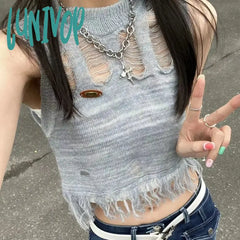 Lunivop 2024 Summer New Sleeveless T-Shirts Vintage Fashion Hollow Out Hole Vet For Women Y2K