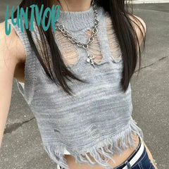 Lunivop 2024 Summer New Sleeveless T-Shirts Vintage Fashion Hollow Out Hole Vet For Women Y2K