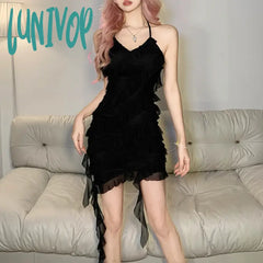 Lunivop 2024 Summer New Women’s Sexy Dress Solid Color Fashion Irregular Design Sense Lace-Up