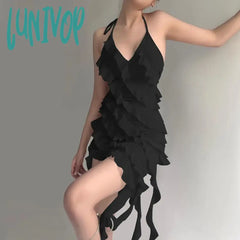 Lunivop 2024 Summer New Women’s Sexy Dress Solid Color Fashion Irregular Design Sense Lace-Up