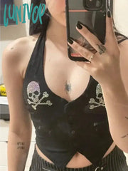 Lunivop 2024 Summer Sexy Backless Halter Tops Women Fashion Street Skull Diamond Camisole Y2K