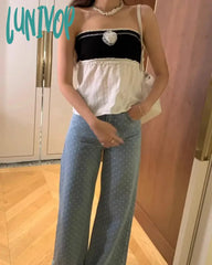 Lunivop 2024 Summer Simple Patchwork Strapless Tops Slim Fit Ruffles Vest For Women Y2K Grunge