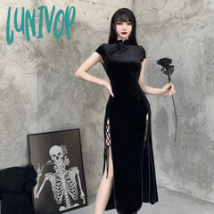 Lunivop 2024 Vintage Black Bandage Chinese Style Cheongsam High Split Velvet Dress Spring Retro