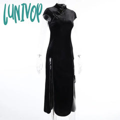 Lunivop 2024 Vintage Black Bandage Chinese Style Cheongsam High Split Velvet Dress Spring Retro