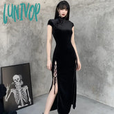 Lunivop 2024 Vintage Black Bandage Chinese Style Cheongsam High Split Velvet Dress Spring Retro