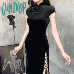 Lunivop 2024 Vintage Black Bandage Chinese Style Cheongsam High Split Velvet Dress Spring Retro