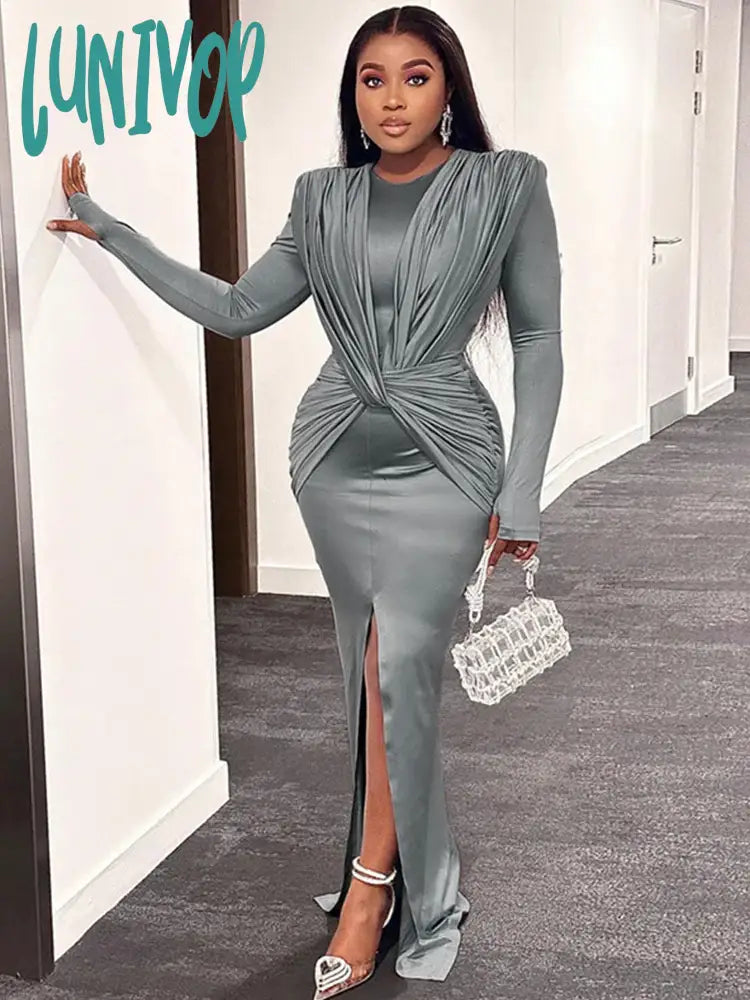 Lunivop 2024 Winter Spring Women Sexy Maxi Bodycon Dress Solid Long Sleeve O-Neck A-Line Pencil