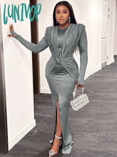 Lunivop 2024 Winter Spring Women Sexy Maxi Bodycon Dress Solid Long Sleeve O-Neck A-Line Pencil