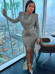 Lunivop 2024 Winter Spring Women Sexy Maxi Bodycon Dress Solid Long Sleeve O-Neck A-Line Pencil