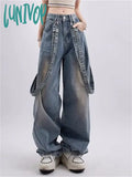 Lunivop 2024 Women Y2K 90s Vintage Blue Jeans Korean Fashion Retro Wide Leg Jumpsuit Oversized Harajuku Hippie Streetwear Denim Pants
