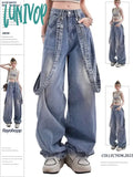 Lunivop 2024 Women Y2K 90S Vintage Blue Jeans Korean Fashion Retro Wide Leg Jumpsuit Oversized