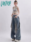 Lunivop 2024 Women Y2K 90S Vintage Blue Jeans Korean Fashion Retro Wide Leg Jumpsuit Oversized