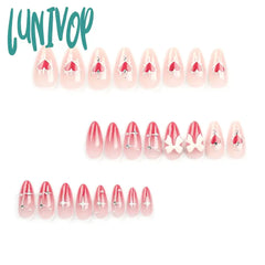 Lunivop 24 Pcs Valentine’s Day Long Almond Shape Novelty Pearl Bow Love Nail With 1 File And
