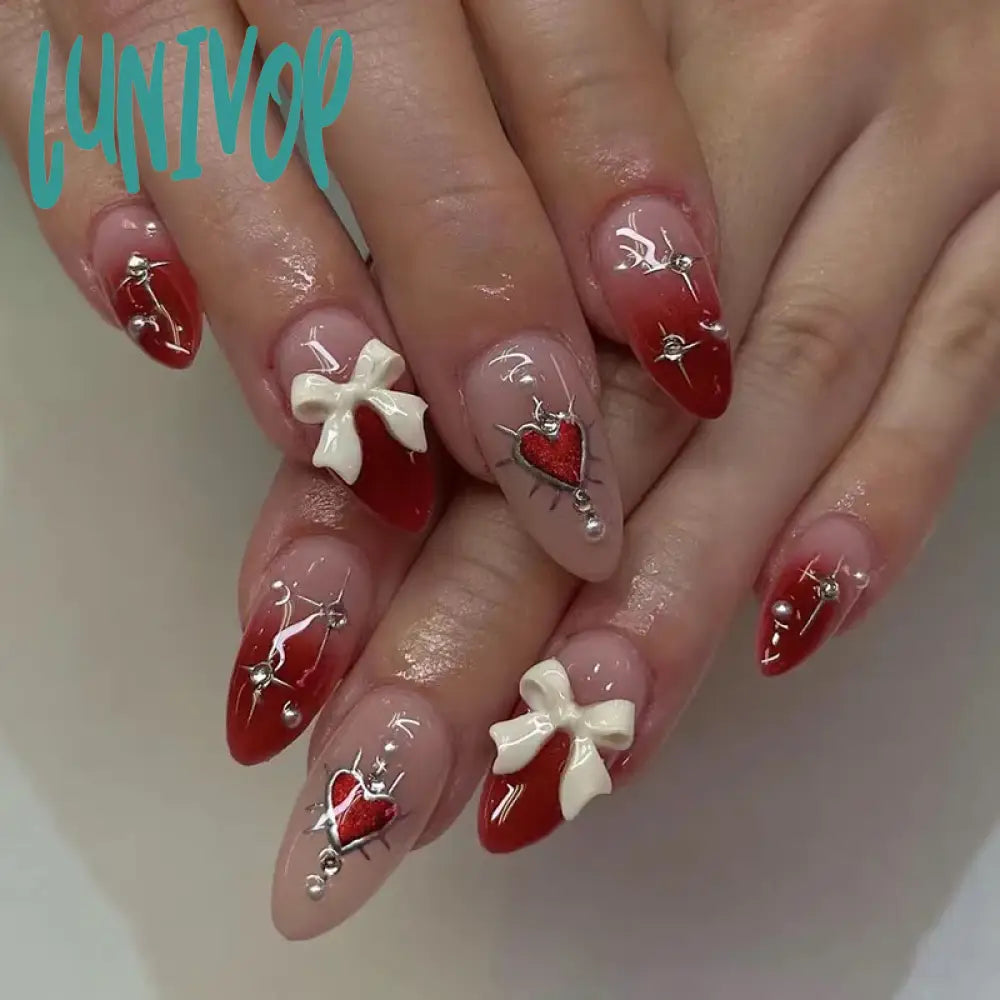 Lunivop 24 Pcs Valentine’s Day Long Almond Shape Novelty Pearl Bow Love Nail With 1 File And