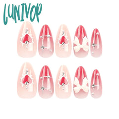 Lunivop 24 Pcs Valentine’s Day Long Almond Shape Novelty Pearl Bow Love Nail With 1 File And