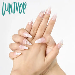 Lunivop 24Pcs Chic Almond-Shaped False Nails Glossy Finish With Bear & Pearl Design Rhinestone