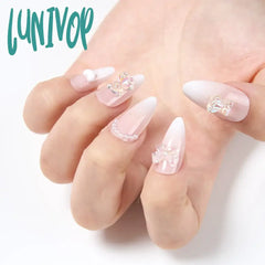 Lunivop 24Pcs Chic Almond-Shaped False Nails Glossy Finish With Bear & Pearl Design Rhinestone