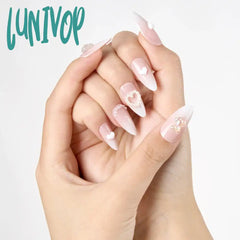 Lunivop 24Pcs Chic Almond-Shaped False Nails Glossy Finish With Bear & Pearl Design Rhinestone