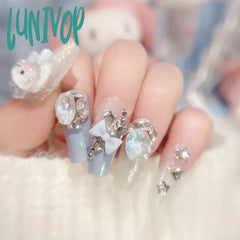 Lunivop 24Pcs Fake Nails 3D Rabbit Star Rhinestone Designs White Blue Color Press On Ballerina
