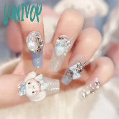 Lunivop 24Pcs Fake Nails 3D Rabbit Star Rhinestone Designs White Blue Color Press On Ballerina