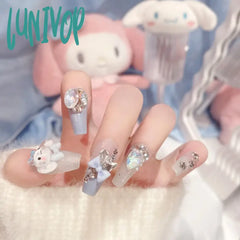 Lunivop 24Pcs Fake Nails 3D Rabbit Star Rhinestone Designs White Blue Color Press On Ballerina