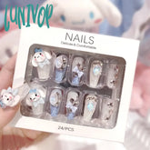 Lunivop 24Pcs Fake Nails 3D Rabbit Star Rhinestone Designs White Blue Color Press On Ballerina