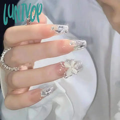 Lunivop 24Pcs False Nail Wearable Black Bow Diamond Chain Flash Powder Ballet Fingernails Finished