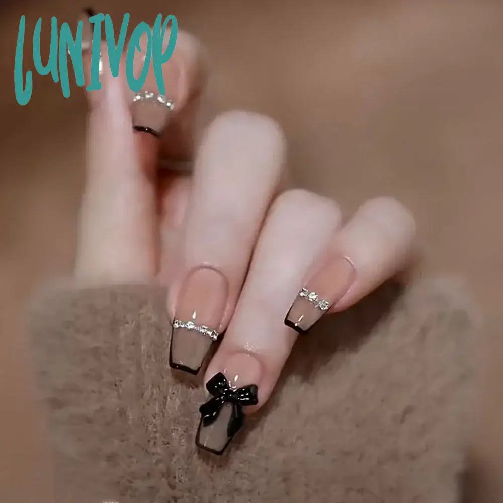 Lunivop 24Pcs False Nail Wearable Black Bow Diamond Chain Flash Powder Ballet Fingernails Finished