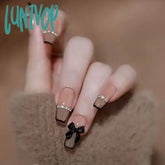 Lunivop 24Pcs False Nail Wearable Black Bow Diamond Chain Flash Powder Ballet Fingernails Finished