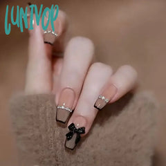 Lunivop 24Pcs False Nail Wearable Black Bow Diamond Chain Flash Powder Ballet Fingernails Finished