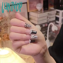 Lunivop 24Pcs False Nail Wearable Black Bow Diamond Chain Flash Powder Ballet Fingernails Finished