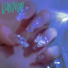 Lunivop 24Pcs False Nail Wearable Black Bow Diamond Chain Flash Powder Ballet Fingernails Finished