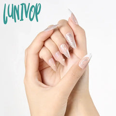 Lunivop 24Pcs Glossy Medium Long Almond Fake Nails Nude Press On With Silvery Stripe Design Sweet