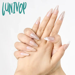 Lunivop 24Pcs Glossy Medium Long Almond Fake Nails Nude Press On With Silvery Stripe Design Sweet