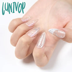 Lunivop 24Pcs Glossy Medium Long Almond Fake Nails Nude Press On With Silvery Stripe Design Sweet