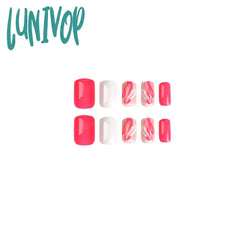 Lunivop 24Pcs Hot Pink White Line Graffiti Wearable Fake Nails Summer Fashion Full Cover Finished