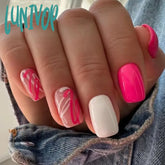 Lunivop 24Pcs Hot Pink White Line Graffiti Wearable Fake Nails Summer Fashion Full Cover Finished