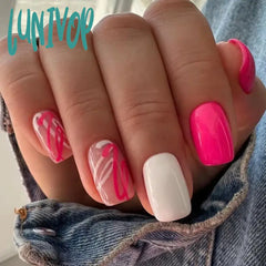 Lunivop 24Pcs Hot Pink White Line Graffiti Wearable Fake Nails Summer Fashion Full Cover Finished