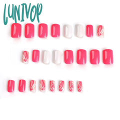 Lunivop 24Pcs Hot Pink White Line Graffiti Wearable Fake Nails Summer Fashion Full Cover Finished