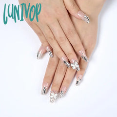 Lunivop 24Pcs Press On Nails Butterfly 3D Rhinestones Coffin Fake With Design Glossy Ballerina