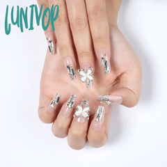 Lunivop 24Pcs Press On Nails Butterfly 3D Rhinestones Coffin Fake With Design Glossy Ballerina
