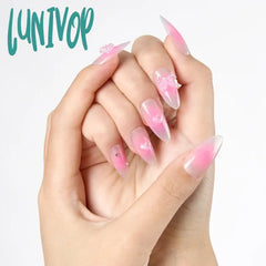 Lunivop 24Pcs Short Almond Shaped False Nails Pink Style Press On 3D Heart Bow With Design Elegant