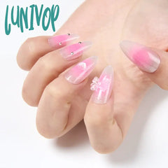Lunivop 24Pcs Short Almond Shaped False Nails Pink Style Press On 3D Heart Bow With Design Elegant