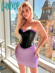 Lunivop 2Pcs Frill Trim Lace Up Back Shapewear Corset Tube Top & Bodycon Mini Skirt Y2K Sexy Women