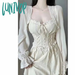 Lunivop 2Pcs Sets Beige Dress Women Summer Square Collar Camisole With Coat Holiday Beach Party
