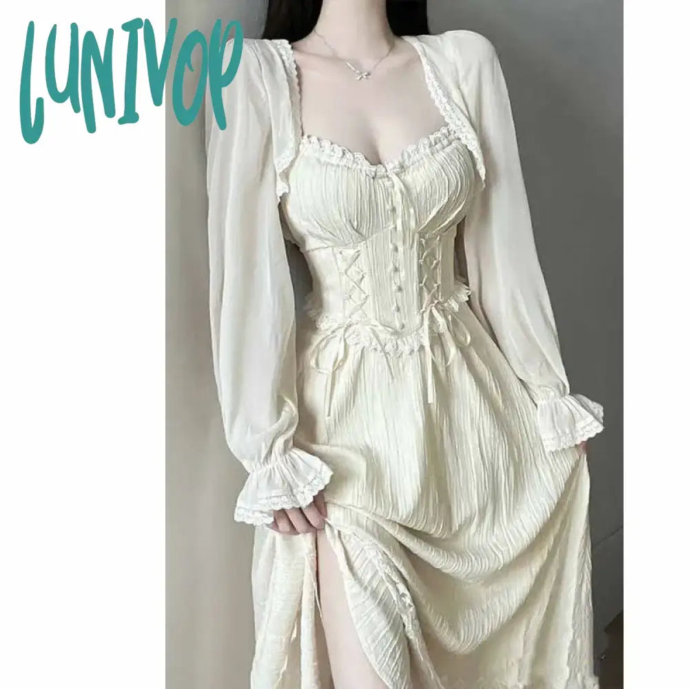 Lunivop 2Pcs Sets Beige Dress Women Summer Square Collar Camisole With Coat Holiday Beach Party